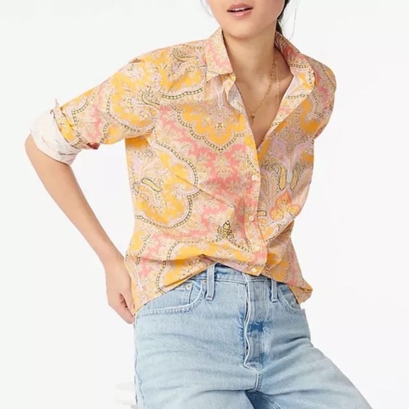 J. Crew Yellow and Pink Paisley Button-Down Shirt Size 12 - Picture 1 of 16